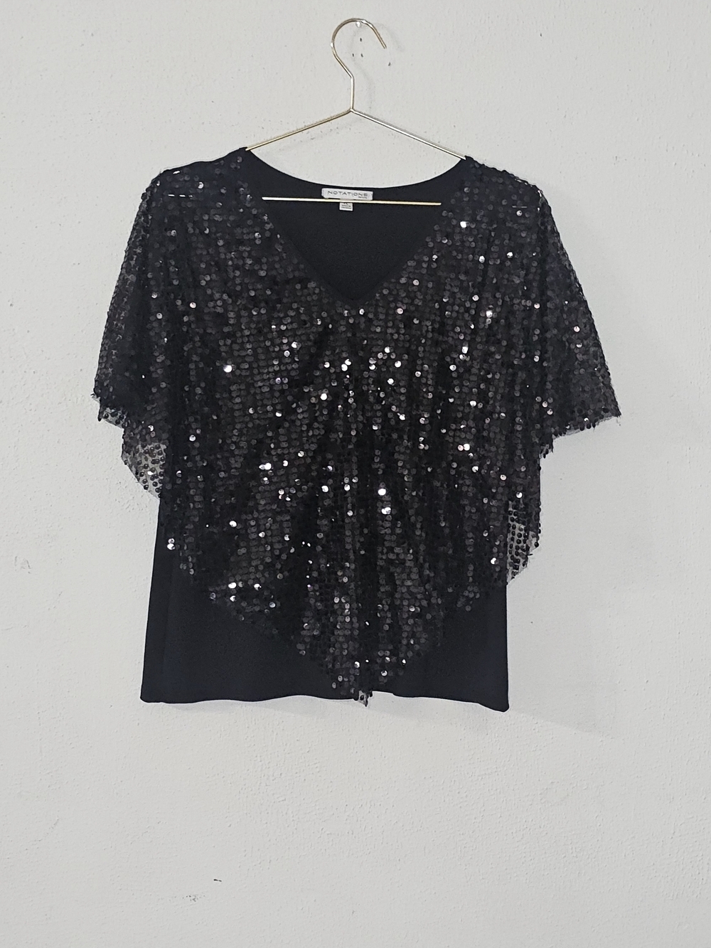 Notations Petite Black Sequin Poncho Top Size Lp V-Neck Party Blouse Y2K Chic